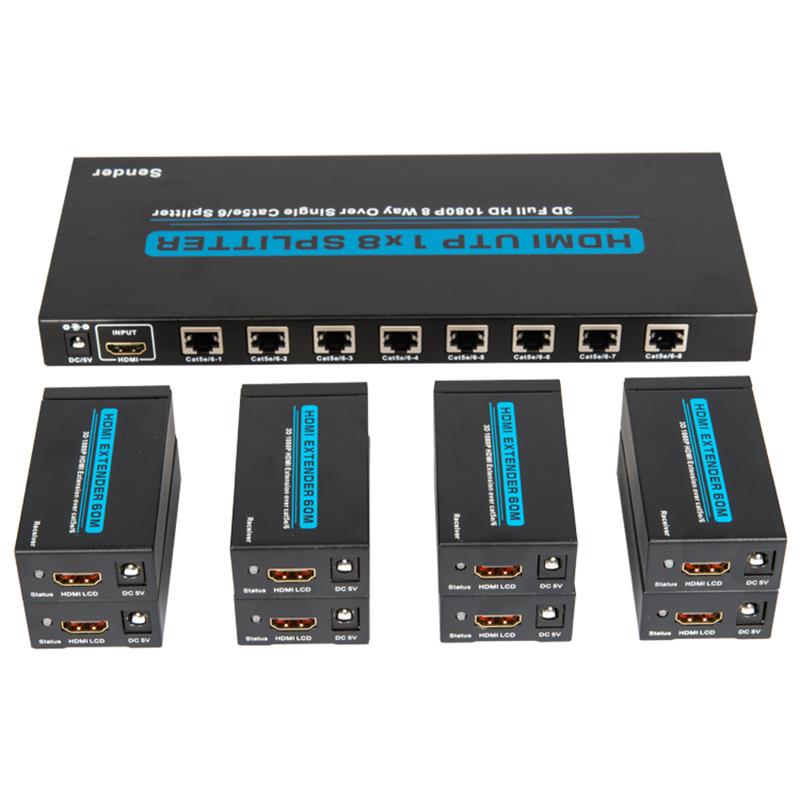 Splitter 8 ports HDMI UTP 1x8 sur Cat5e \/ 6 simple avec 8 récepteurs jusqu'à 60m